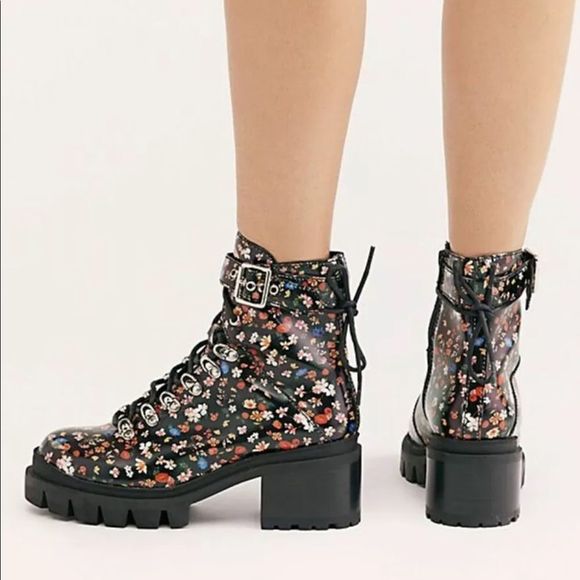 Jeffrey Campbell Combat Boot Black Floral Leather - Picture 6 of 7